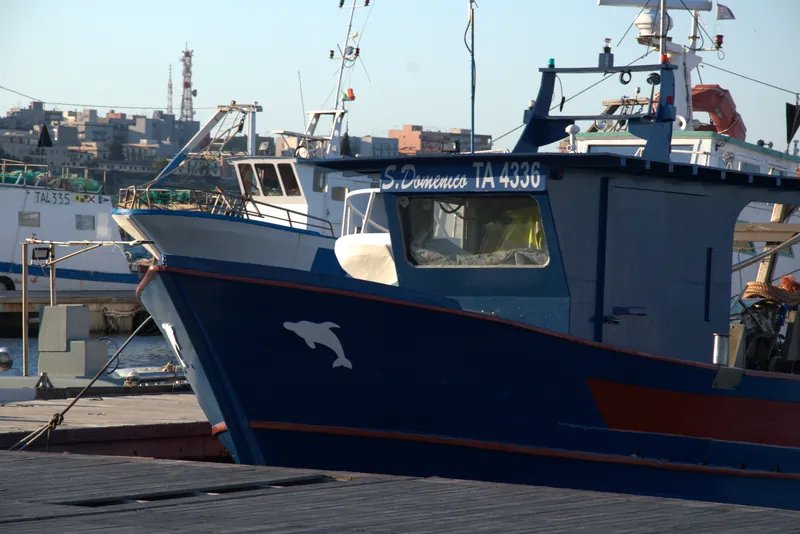 La prua blu del peschereccio San Domenico con il delfino dipinto, porto di Taranto