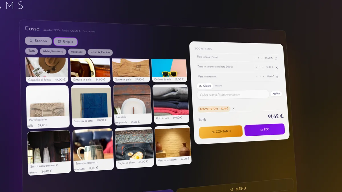 La cassa di ReamS con uno scontrino pieno e un coupon applicato