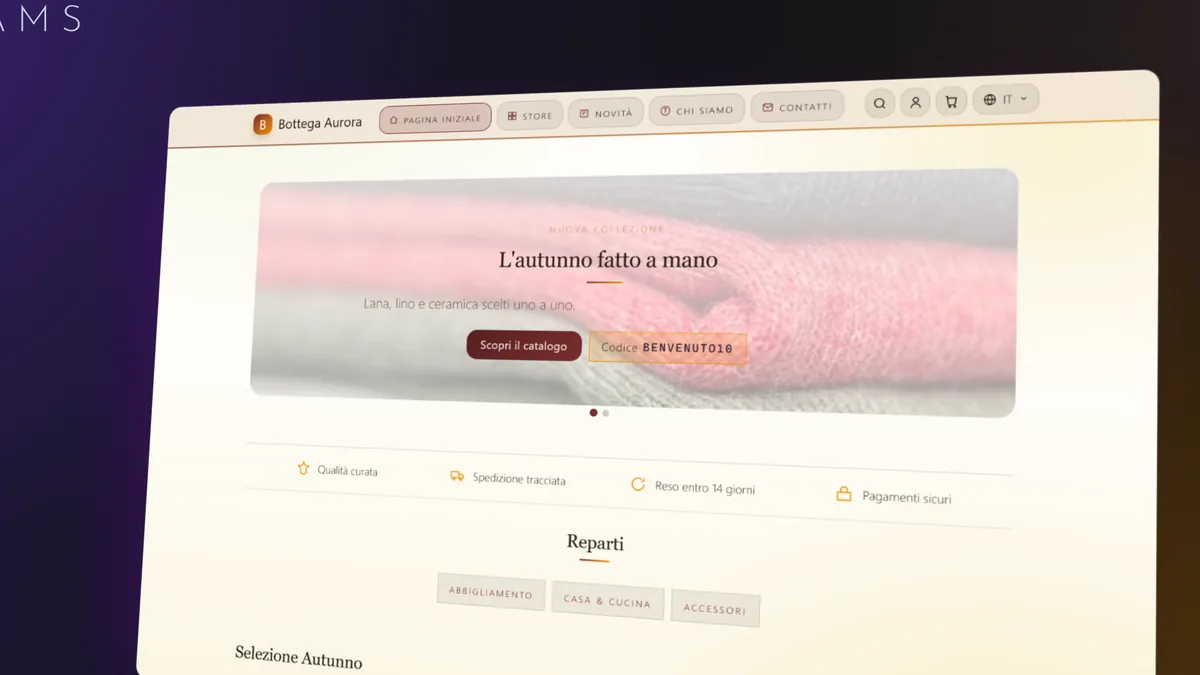 La home del negozio online ReamStore, tema Bottega Aurora