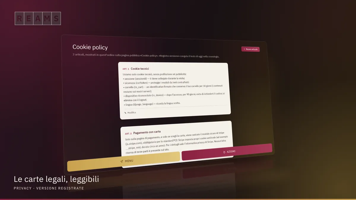 Le pagine legali di ReamS: articoli leggibili e versioni registrate