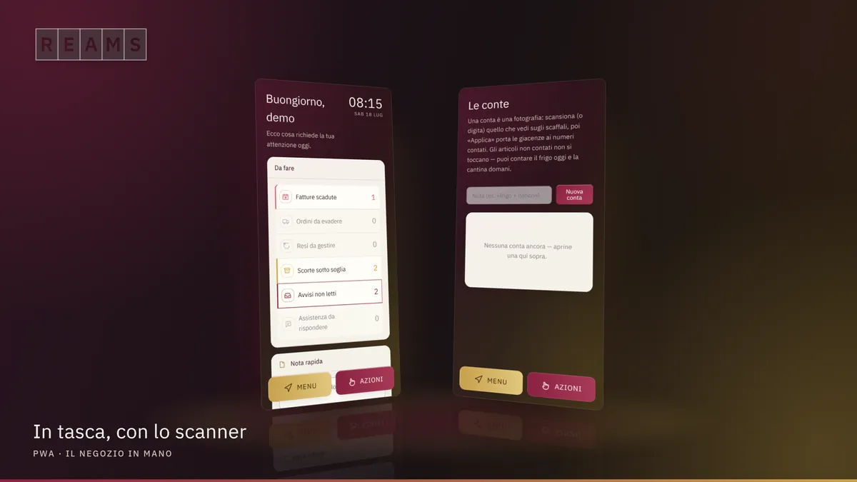 ReamS come PWA sul telefono: dashboard e conte con scanner